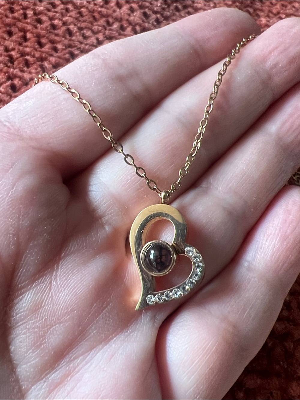 Stainless Steel Gold Heart Pendant Necklace with Dark Stone and Crystal Accents